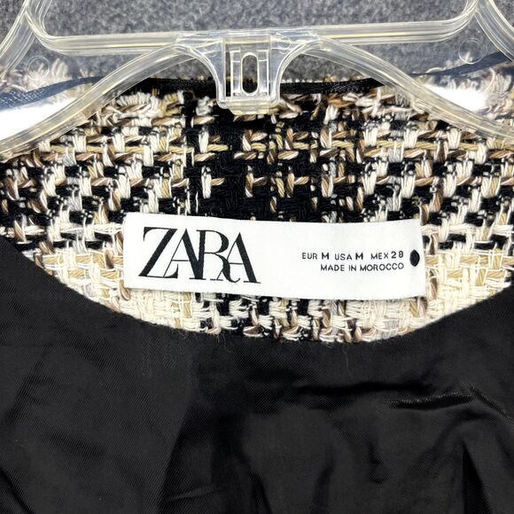 Zara Blazer Cropped Women Medium black beige Plaid Tweed Jacket Blogger Favorite - Picture 11 of 16